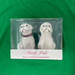 North Pole White Dog Salt and Pepper Shaker Set Santa Hat & Scarf  NEW
